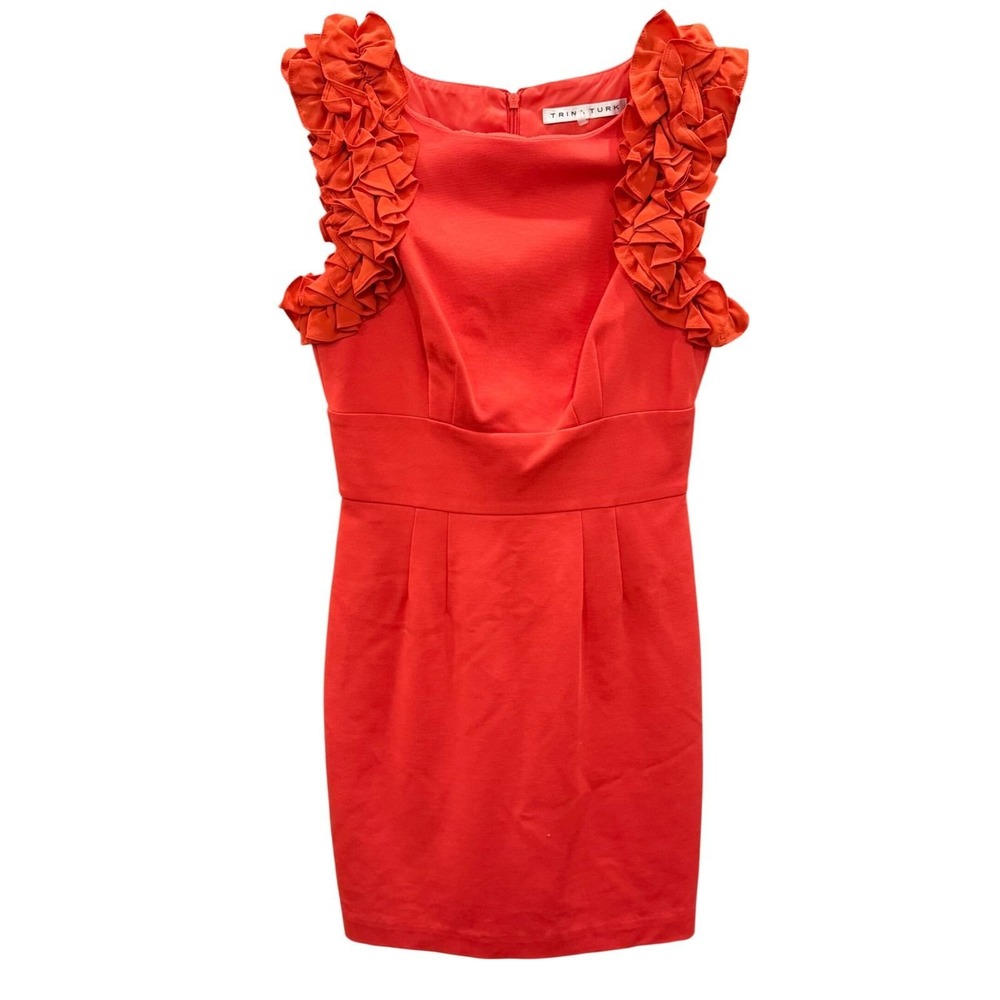 Trina Turk Mina Sheath Dress Ponte Orange Ruffle Silk Trim Cocktail Party Size 2